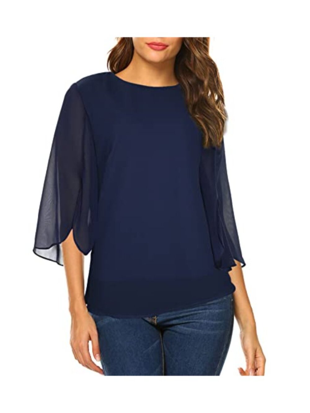 Womens Casual Chiffon Dressy Top Scoop Neck 3/4 Bell Sleeve Double Layers Flowy